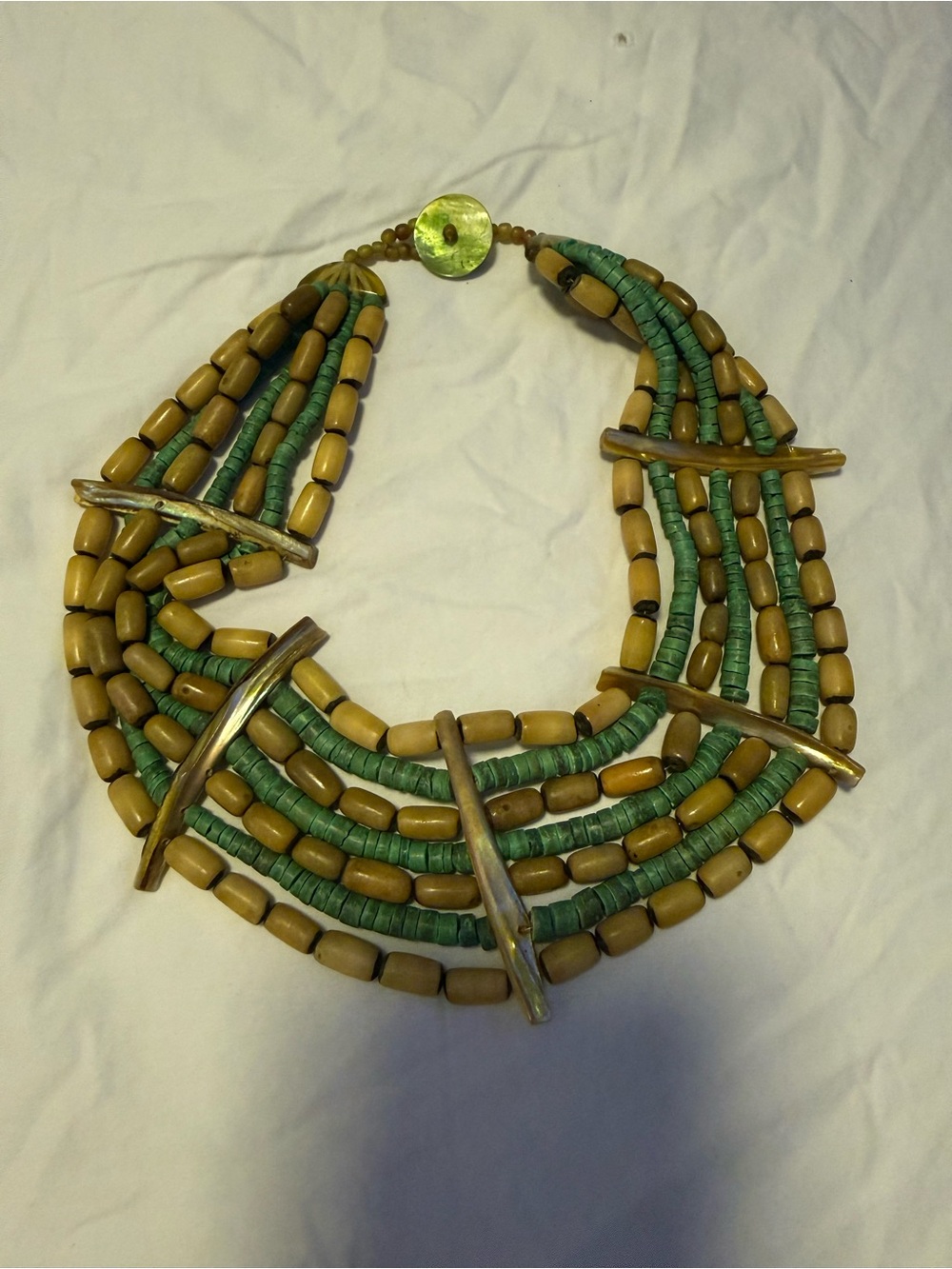 Boho Multi-Strand Green and Tan Beaded Statement Necklace